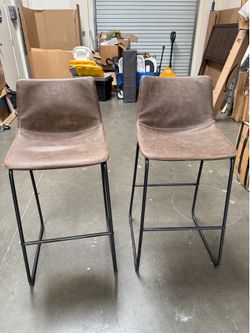 2 Modern Counter Height Bar Stools Distressed Brown Faux Leather