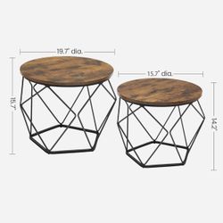 Small Coffee Table Set of 2, Round Coffee Table with Steel Frame, Side End Table for Living Room, Bedroom, Office, Rustic Brown and Ink Black