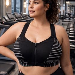 Victoria’s Secret Knockout Front Zip Striped Sport Bra 38DDD High Support New