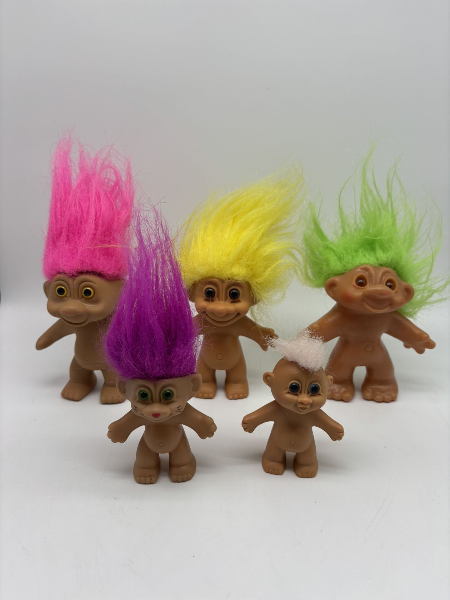 Lot 5 Vintage Troll Dolls DAM Russ Yellow Lime Green Pink Purple Hair Baby Troll