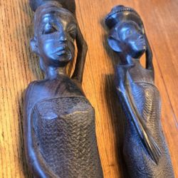 Preowned Vintage Lot Of 2 African Tribal Handcarved Ebony Wood Figures Women Carrying Water