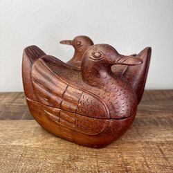Vintage Teak Wood Duck Box Hand Carved Folk Art Trinket MCM Sculpture