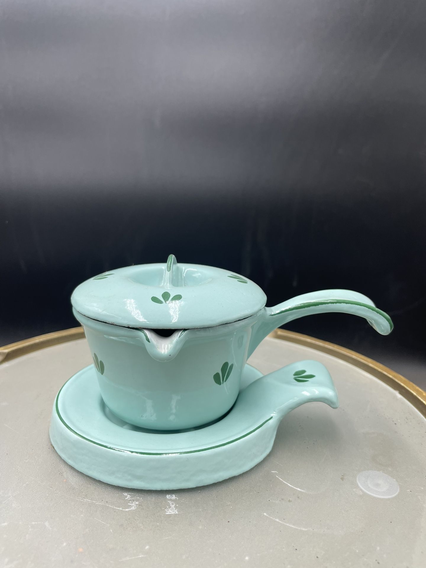 Vintage Dru Holland 3 Piece Enameled Cast Iron Butter Warmer Made In Holland