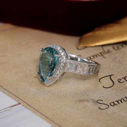 "Dainty Sea Blue Water Drop Crystal Pure CZ Silver Pear Ring for Women, K916