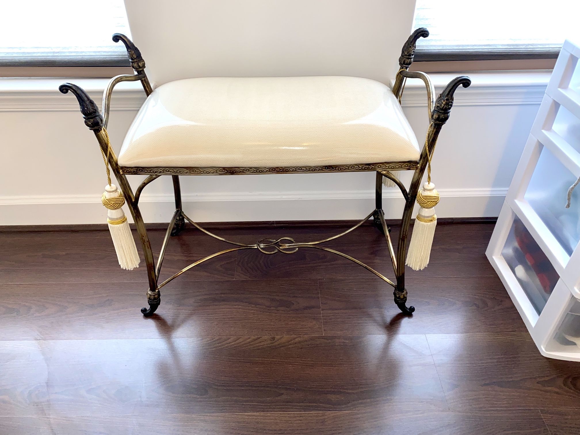 Ornate Metal Upholstered Vanity Stool 13Lx12Wx20H inches With 2 Tassels
