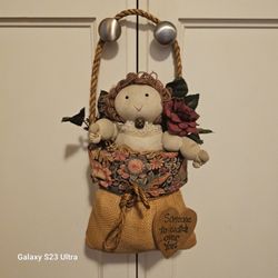 $5 REDUCED! VINTAGE FOLK ART RAG DOLL ANGEL IN BURLAP