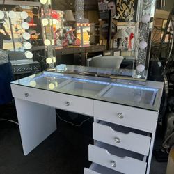 48’ Multi Colored White Vanity Desk with Lighted Mirror