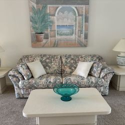 Beautiful Living Room Furniture Set. Mint Condition! Never Used. Couch, Loveseat, Recliner, Coffee & End Tables, Lamps, Canvas Wall Art. All Included