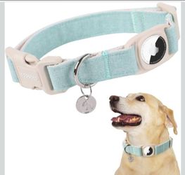 DOGWONG Airtag Cotton Hemp Dog Collar, Heavy-Duty Dog Collar with Airtag Holder Green Dog Collars for Medium Dogs