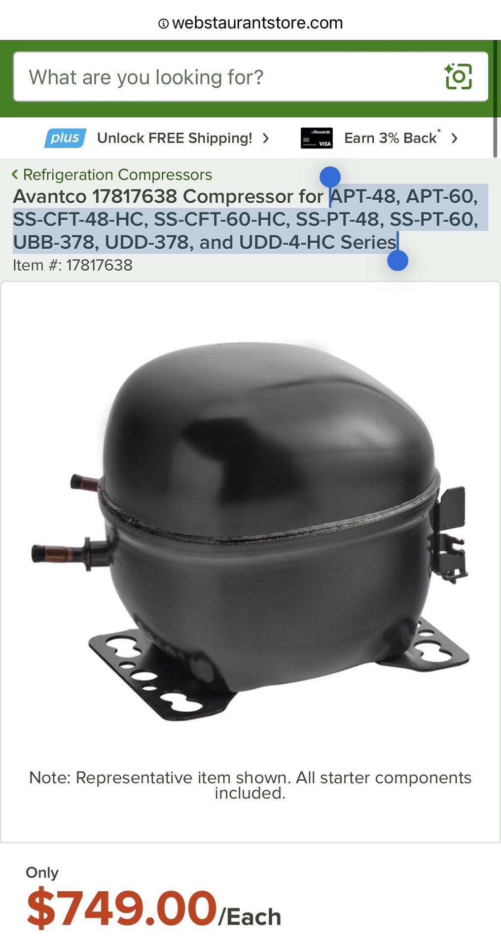 Avantco refrigerator Compressor (Brand New)