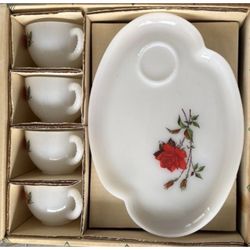 White Milk Glass Cup and Tray Set with Rose Pattern