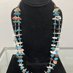 Vintage Double Strand Sterling Silver Turquoise Spiny Oyster and Heishi Pen Shell Necklace 26 1/2” Long