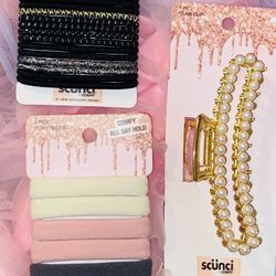3 SET/🎀🌟🌸✨ SCUNCI BUNDLE::6 Ponytailers::18 Elastic PonyTails::Beautiful Gold W:White Pearls Clip