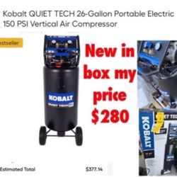 Brand new in  box Kobalt QUIET TECH 26-Gallon Portable Electric 150 PSI Vertical Air Compressor $280 firm don’t ask nothing lower cash only East Palmd