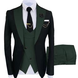 Formal Mens 3 Piece Tuxedo Lapel Suit (Blazer+Vest+Pants) XL/Black, Hunter Green 