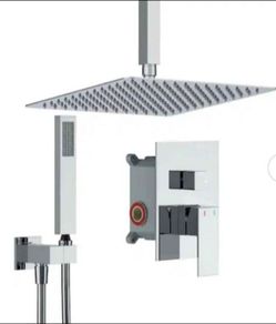 Brushed Nickel Ceiling Mount Shower System Dual Heads 2 Spray Patterns Rainfall