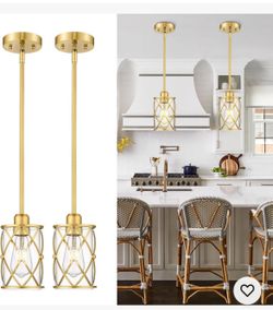 Brushed Gold Pendant Lights Kitchen Island, 2 Pack Brass Glass Pendant Light Fix