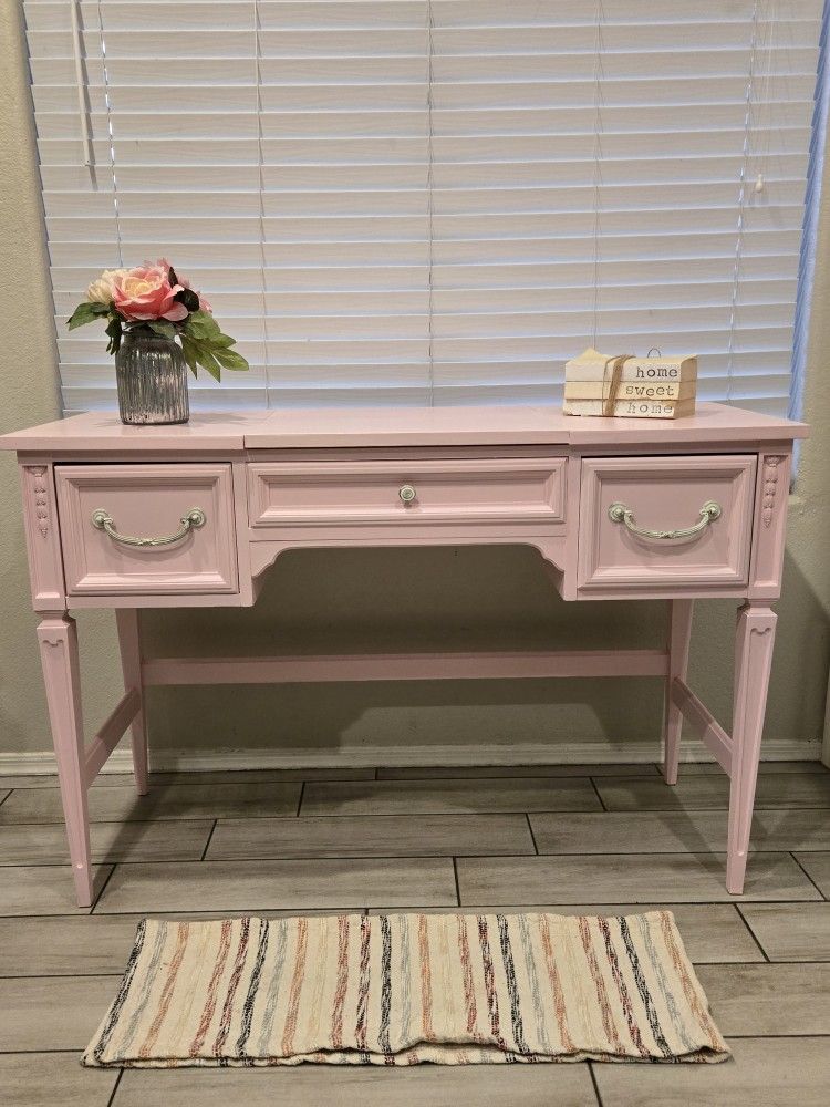 Refurbished Pink Desk Opens to Vanity