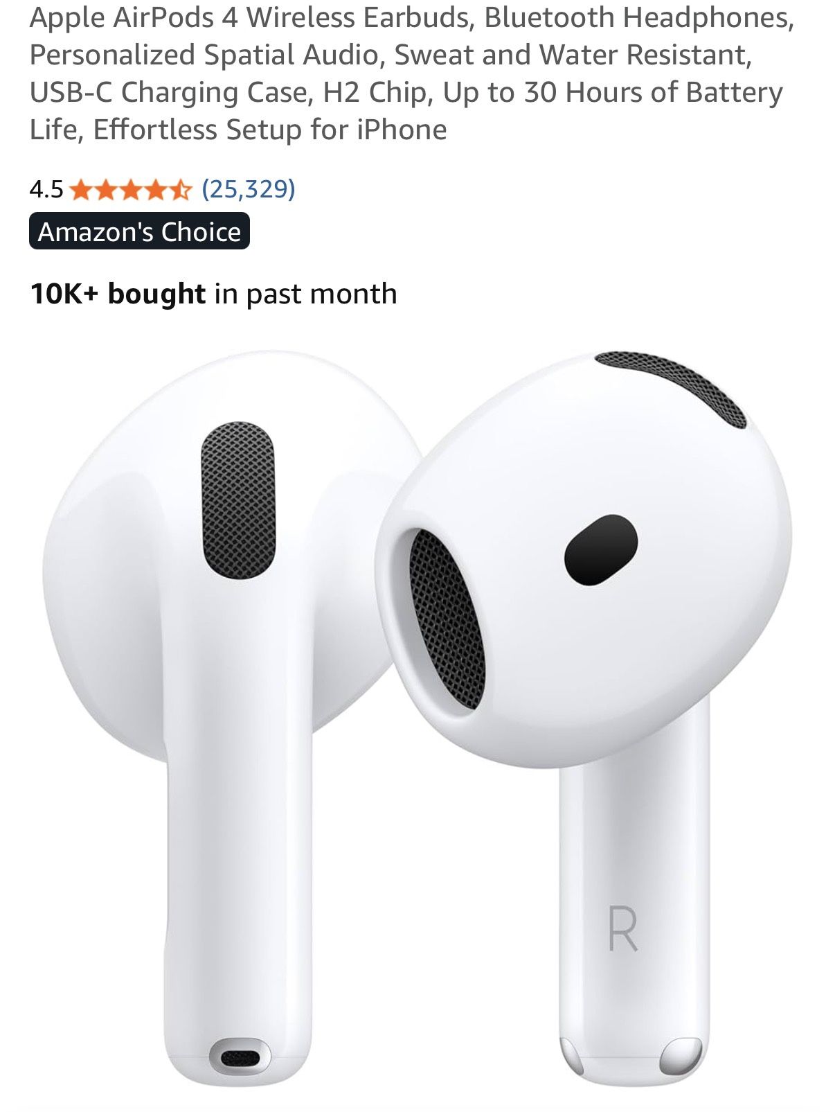 Apple AirPods 4 Wireless Earbuds, Bluetooth Headphones, Personalized Spatial Audio, Sweat and Water Resistant, USB-C Charging Case, H2 Chip, Up to 30 