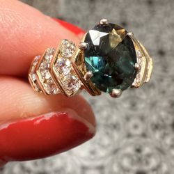 14K Gold Diamond Vintage Ring w/ Teal Stone – Size 6