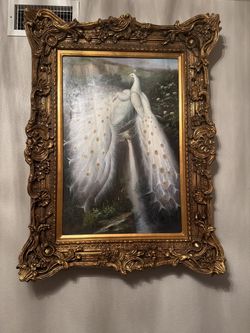 Vintage White Peacock Painting Ornate Gold Frame Large Wall Art Rococo Style