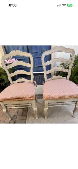 Antique French Country Wood Cane Side Chairs Set of 2 with Red Gingham Cushions