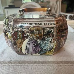 Vintage Decoupage Wood Box Purse with Bakelite Handle  Decoupage is Depicting Victorian Scenes