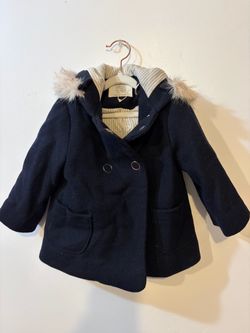 Zara Baby Girl Navy Blue Wool-Blend Style Coat with Faux Fur Hood – 12–18 Months