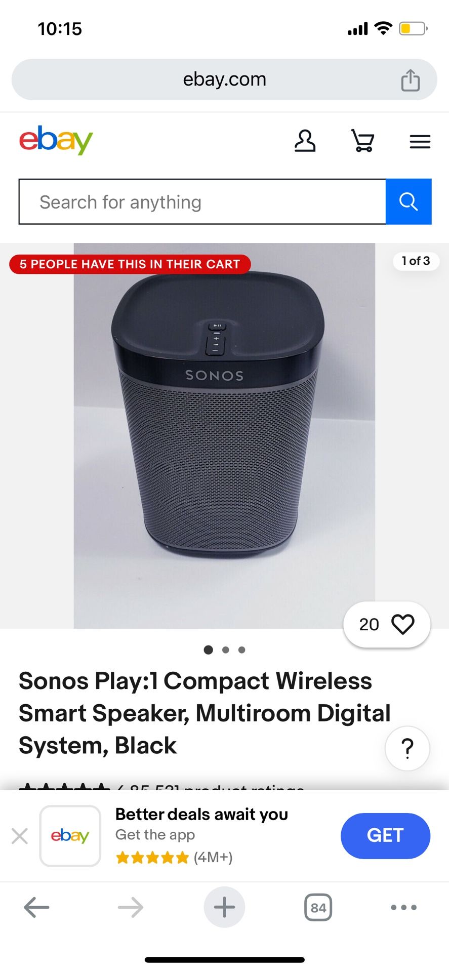 Sonos: Play One Compact Wireless Smart Speaker, Multiroom Digital System, Black
