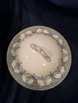 Antique Britannia Pottery Covered Dish - Teal Transferware, Glasgow Scotland