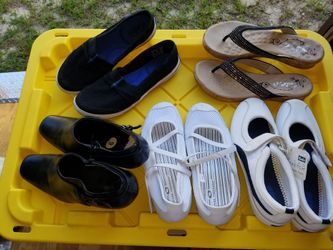20.00 ea. Brand is Keds. Pair Cross Trekkers 8 1/2.Black size 9. White 8 1/2. Boots size 9. Aerosoles. Sandals size 9M Michelle