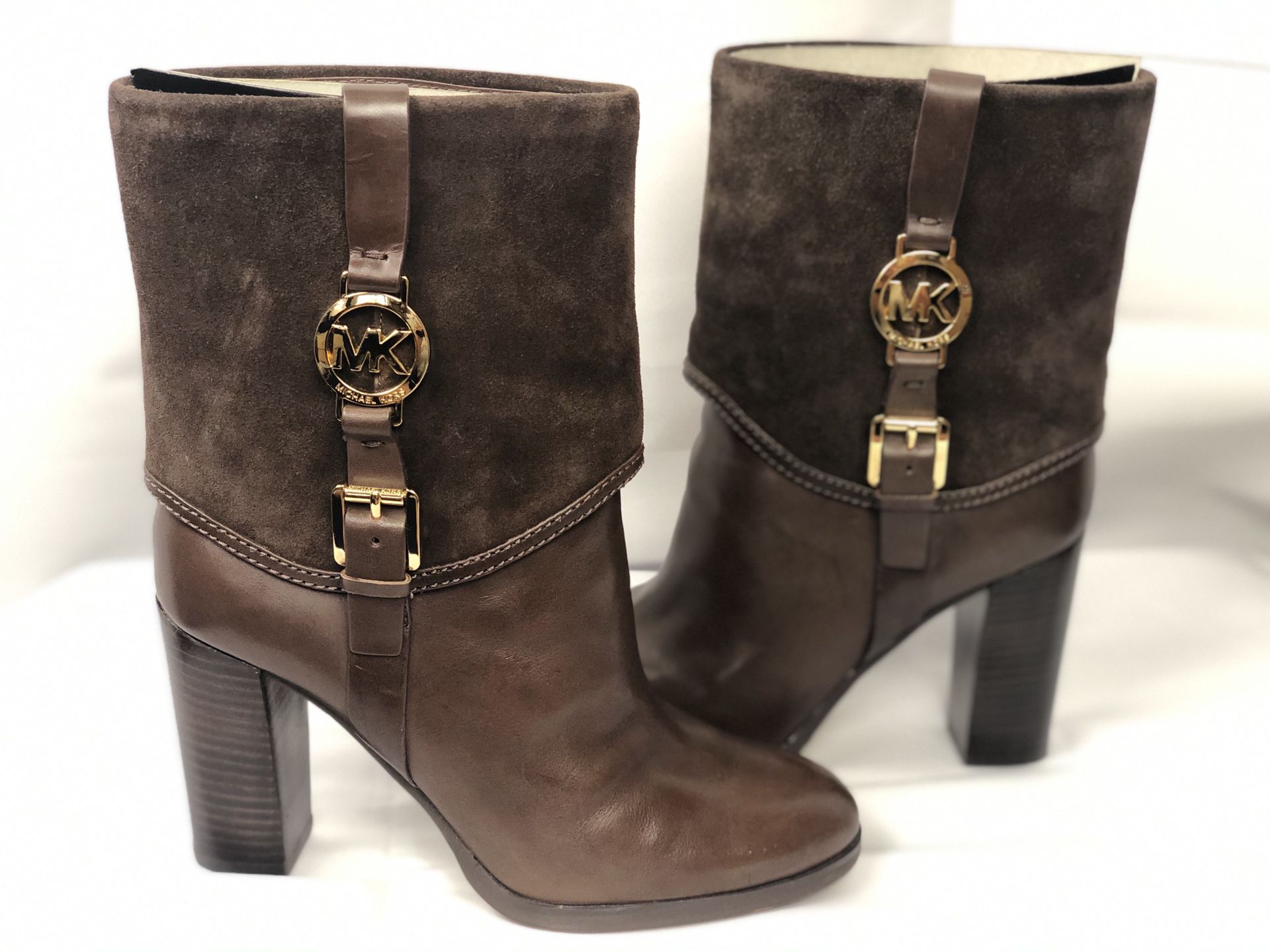 Michael Kors Fulton Bootie (mid-calf boots) size 8M leather/suede coffee color 3.75 “ heel