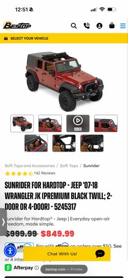 SUNRIDER FOR HARDTOP - JEEP '07-18 WRANGLER JK (PREMIUM BLACK TWILL; 2-DOOR OR 4-DOOR)