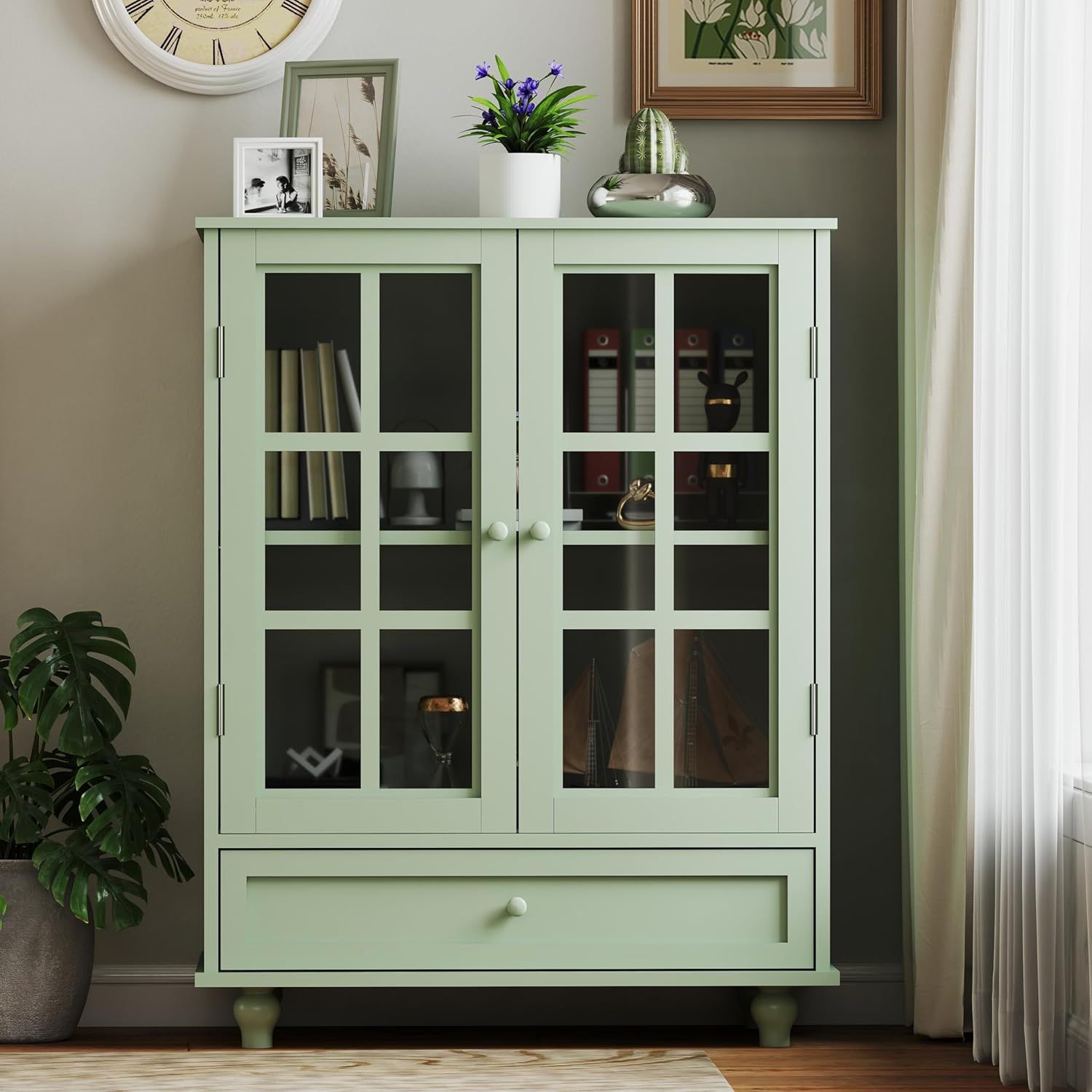 Buffet Storage Pantry Cabinet Cupboard Drawers Glass Door Green