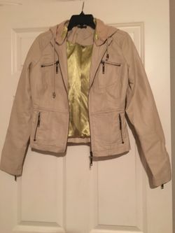 Size small beige leather like jacket with hood. Great condition and smoke free home.