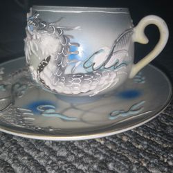 Vintage Japanese Moriage Dragon Ware Tea Cup and Saucer • Geisha image inside cup 