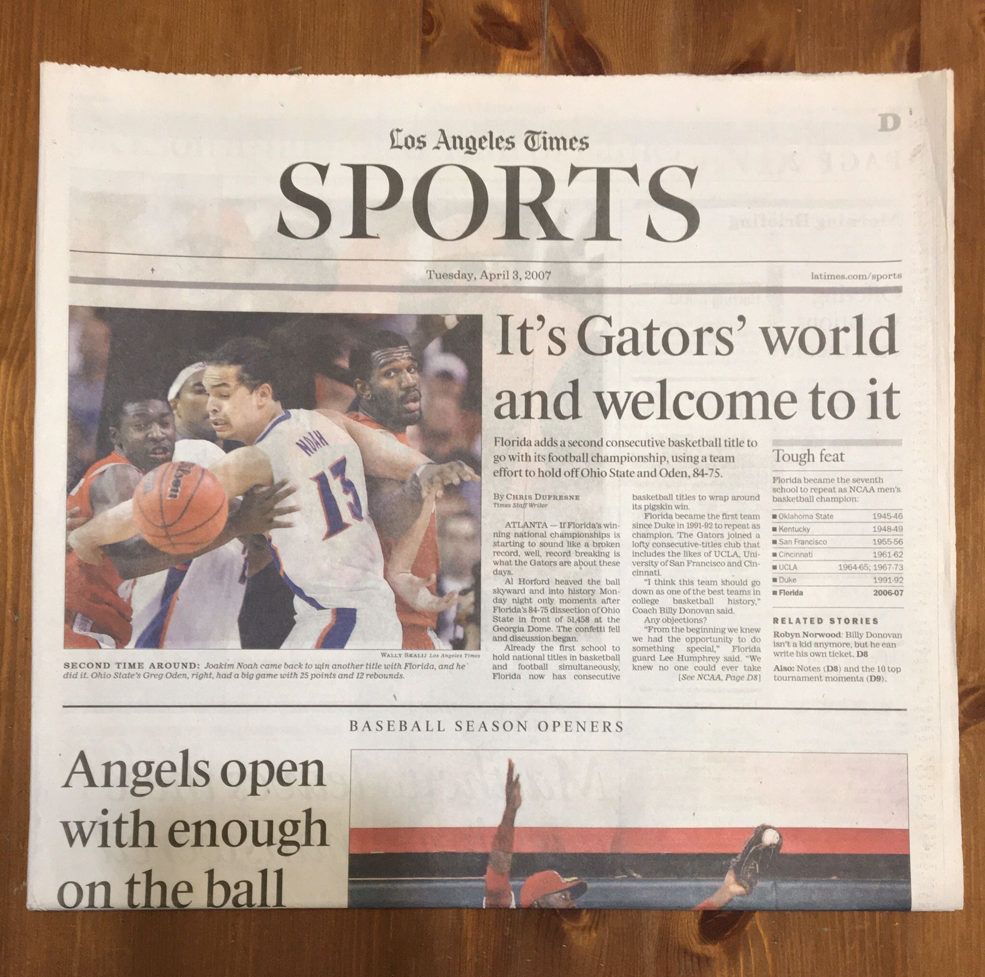 (1 COPY) LOS ANGELES TIMES: FLORIDA GATORS ARE 2007 NCAA BASKETBALL CHAMPIONS