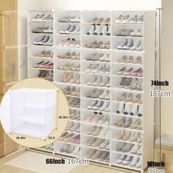 LOYALHEARTDY Portable Shoe Rack Organizer, 96 Pairs Pair Transparent Plastic Shoe Racks, 16 Tiers DIY Shoe Cabinet, Clear Shoe Storage Organizer for S