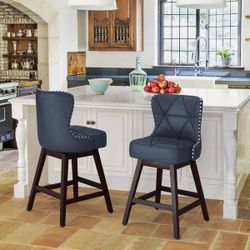 26 in. Navy Blue Wood Frame Counter Bar Stool Faux Leather Upholstered Swivel Bar Stool (Set of 2)