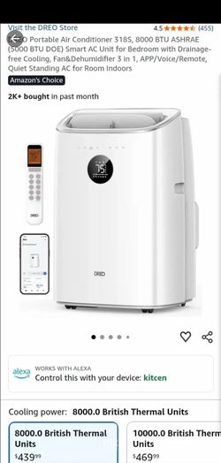 NEW-NO BOX-DREO Portable Air Conditioner 318S, 8000 BTU ASHRAE (5000 BTU DOE) Smart AC Unit for Bedroom with Drainage-free Cooling, Fan&Dehumidifier 3