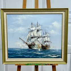 ⭕️ Vintage Framed Nautical Oil Painting — Tall Ships at Sea, Signed W. David, 24”x29”