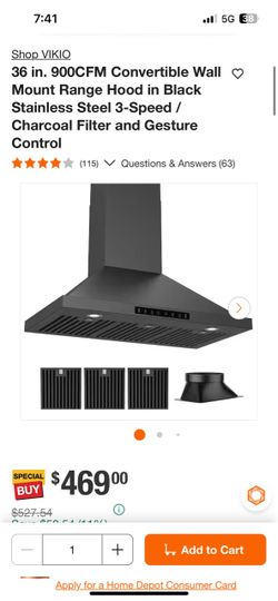 Shop VIKIQ 36 in. 900CFM Convertible Wall O Mount Range Hood in Black Stainless Steel 3-Speed / Charcoal Filter and Gesture Control