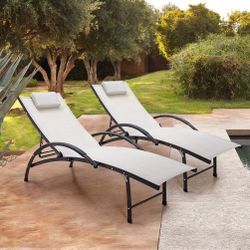 New Set Of 2 Outdoor Patio Pool Folding Chaise Lounge With Pillow Beige