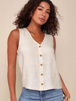 NEW  Lulus Casually Sophisticated Beige Linen Sleeveless Button-front Top - Size L