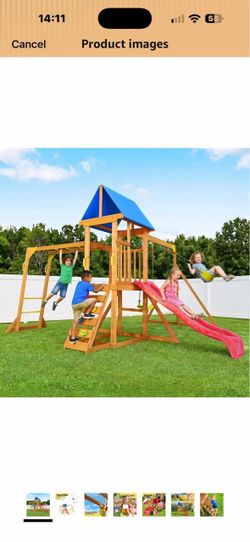 Wooden Swing Sets for Backyard with Monkey Bar, Outdoor Playset for Age 3-6 Playground Set with Wave Slide for Kid Outdoor Play, 2 Belt Swings, Swings