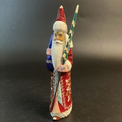 Vtg  Russian Christmas Wooden Santa Clause Hand Carved Painted Artist Signed 10"