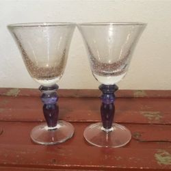 SET of 2 Heavy Artisan Seeded Bubble Glass Goblets Lavender Stems Water Wine 7 1/4"
