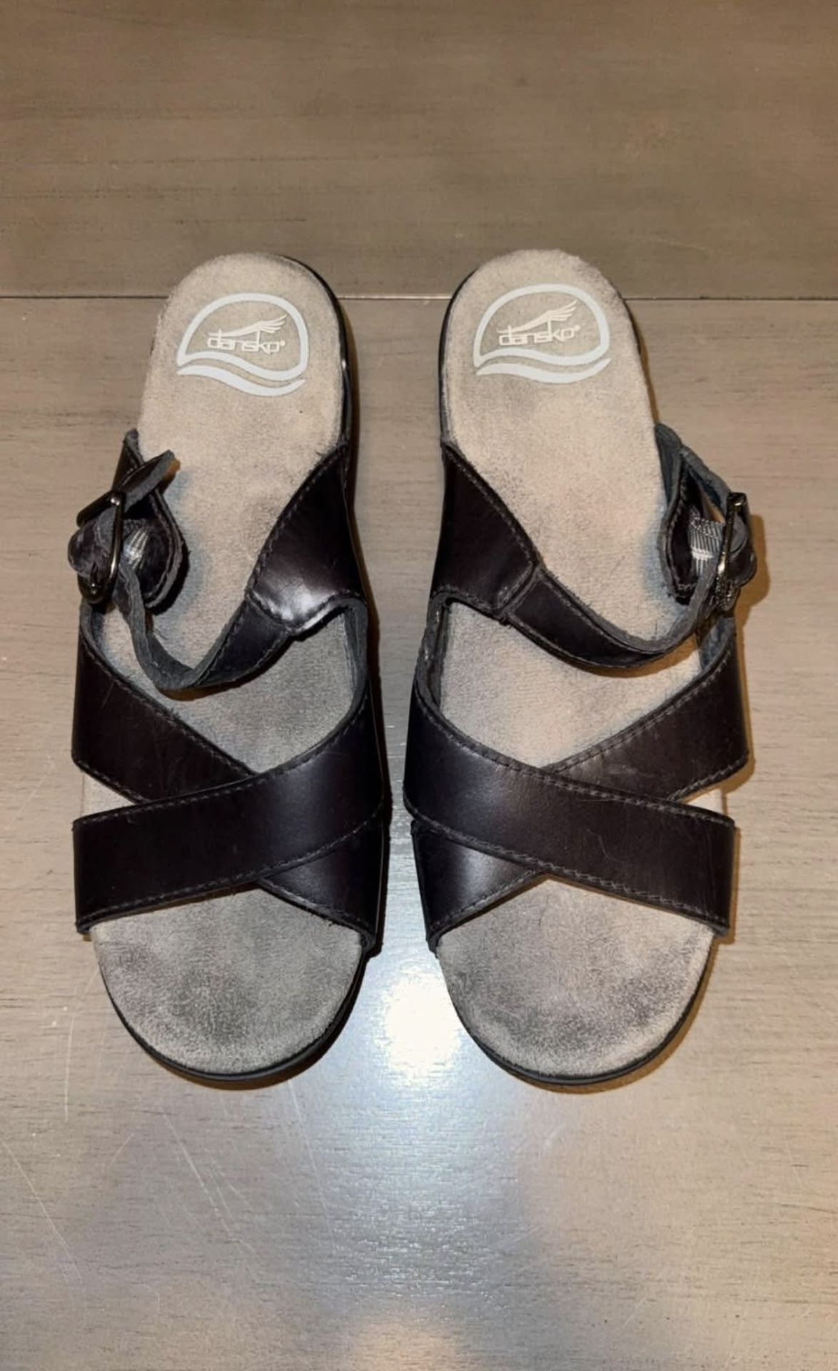 Dansko Sela Black Leather Wedge Cross Strap Sandals - Size 38 (7.5-8)