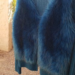 AVAILABLE,FauxFur,Turquoise/Teal Irrodescent, L,Back/Arms sweater Material,by ANA,3 Hooks,to Close,wore1Time 