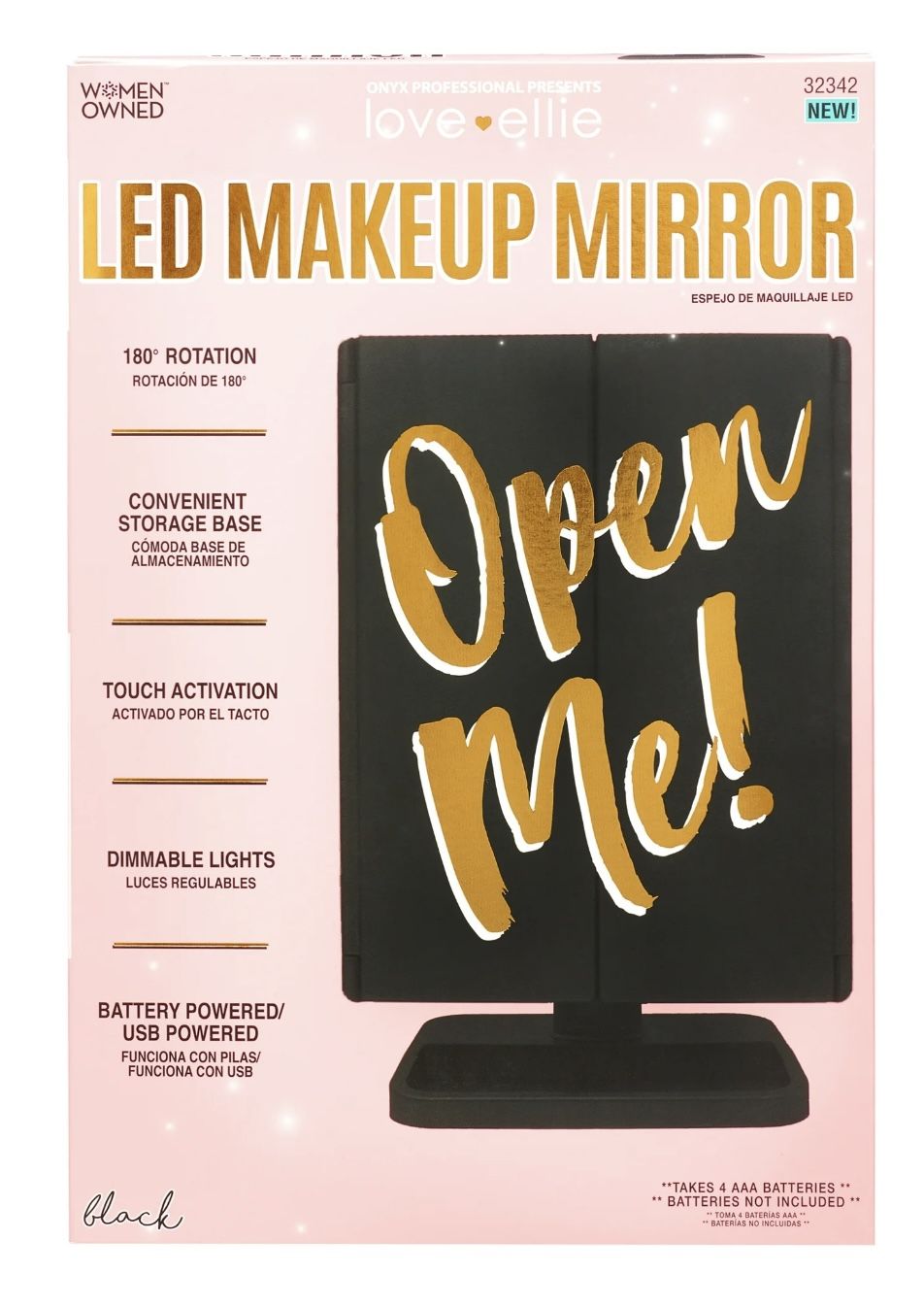 Love Ellie, Freestanding Trifold LED Makeup Mirror 3x Magnification, Black Finish